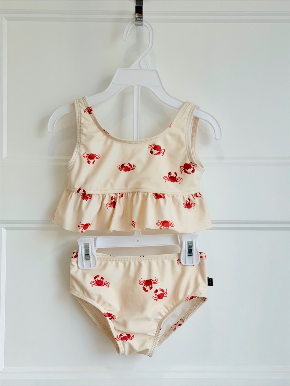 Kids Cream Ruffle Bikini Set with Red Crab Print
